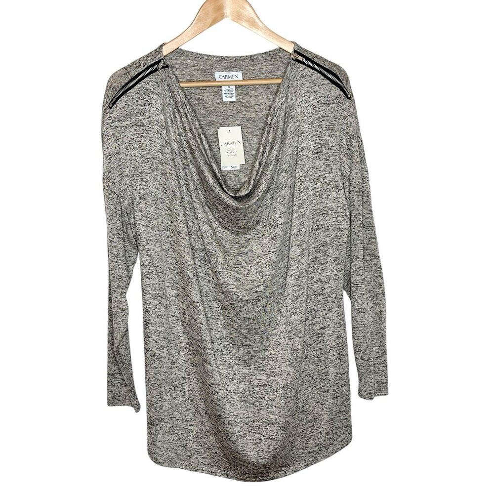 Carmen Marc Valvo Cowl Neck Knit Top Heather Tan Womens 1X Long Sleeve